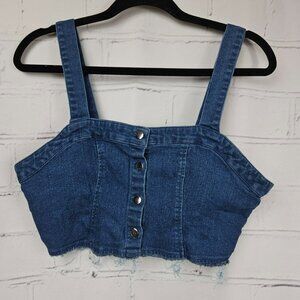 Justify Denim Crop Top Button Front Frayed Hem Womens L Cropped Y2K Grunge